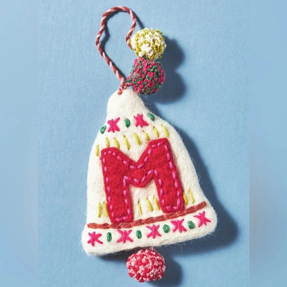 Anthropologie M wool Snow Day Monogram Ornament gift christmas holiday pompom